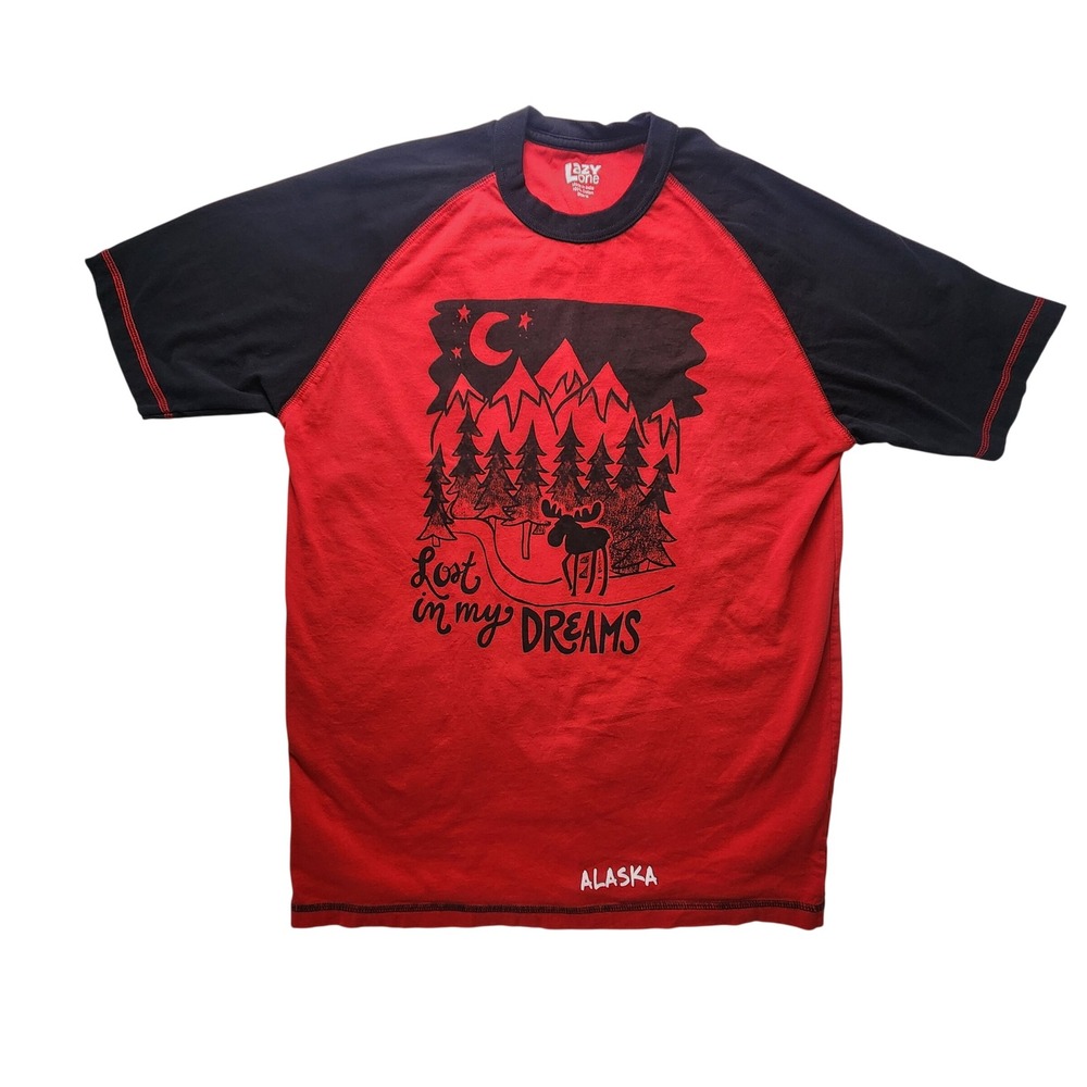 Lazy One Alaska Lost In My Dreams Moose Raglan T-Shirt Mens Medium Red Black